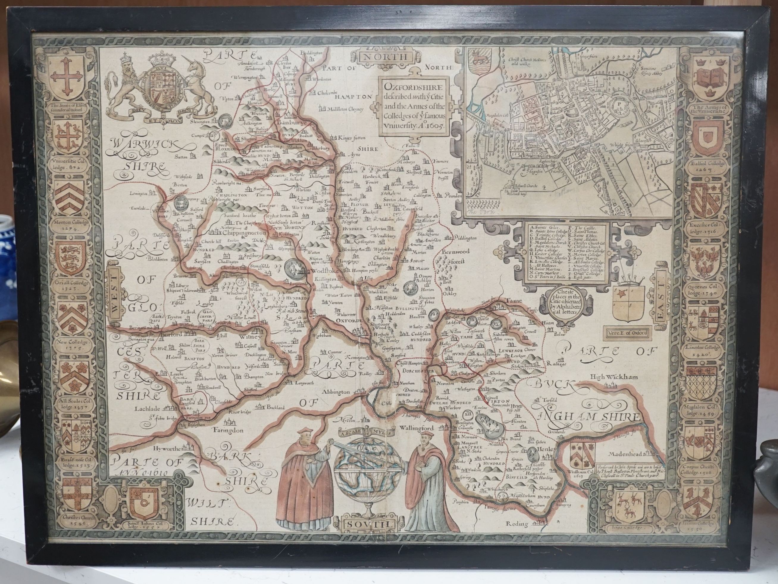 John Speed, coloured engraving, Map of Oxfordshire Described, 39 x 53cm